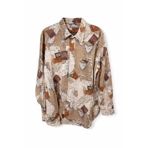 Vintage Nautica Map Print Button Down Shirt XL New Zealand Stamp Graphic 90s